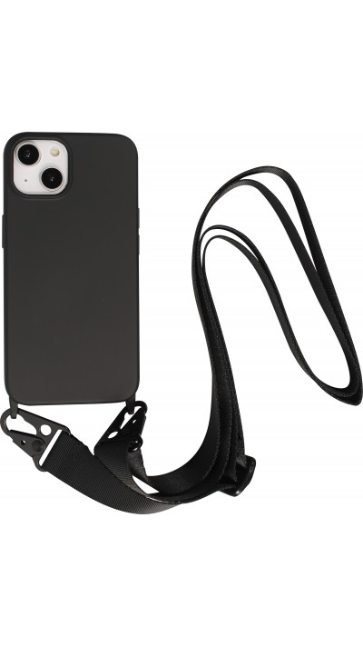 iPhone 14 Case Hülle - Silikon matt mit Trageschlaufe und Metall Karabiner - Schwarz