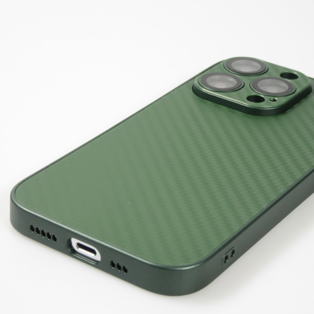 iPhone 14 Pro Max Case Hülle - Straffes Silikon mit Karbon Look + Kameraschutz - Grün
