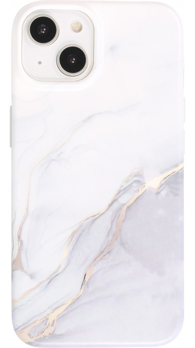 iPhone 14 Case Hülle - Mattes Silikon mit aufgedrucktem Marmoreffekt - Weiss grau