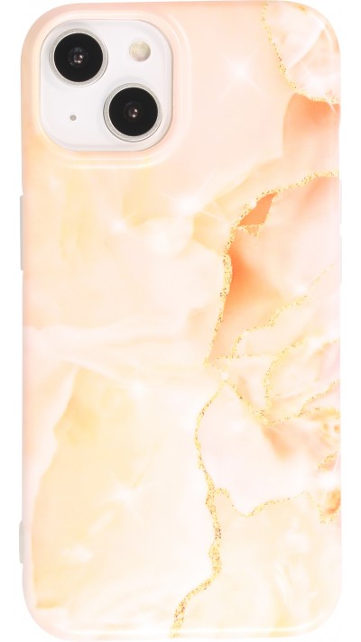 iPhone 14 Plus Case Hülle - Mattes Silikon mit aufgedrucktem Marmoreffekt - Lachsorange