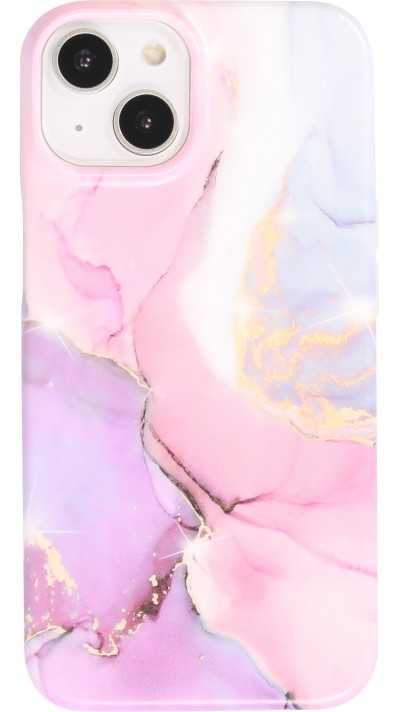 iPhone 14 Case Hülle - Mattes Silikon mit aufgedrucktem Marmoreffekt - Rosa lila