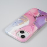 iPhone 14 Case Hülle - Mattes Silikon mit aufgedrucktem Marmoreffekt - Rosa lila