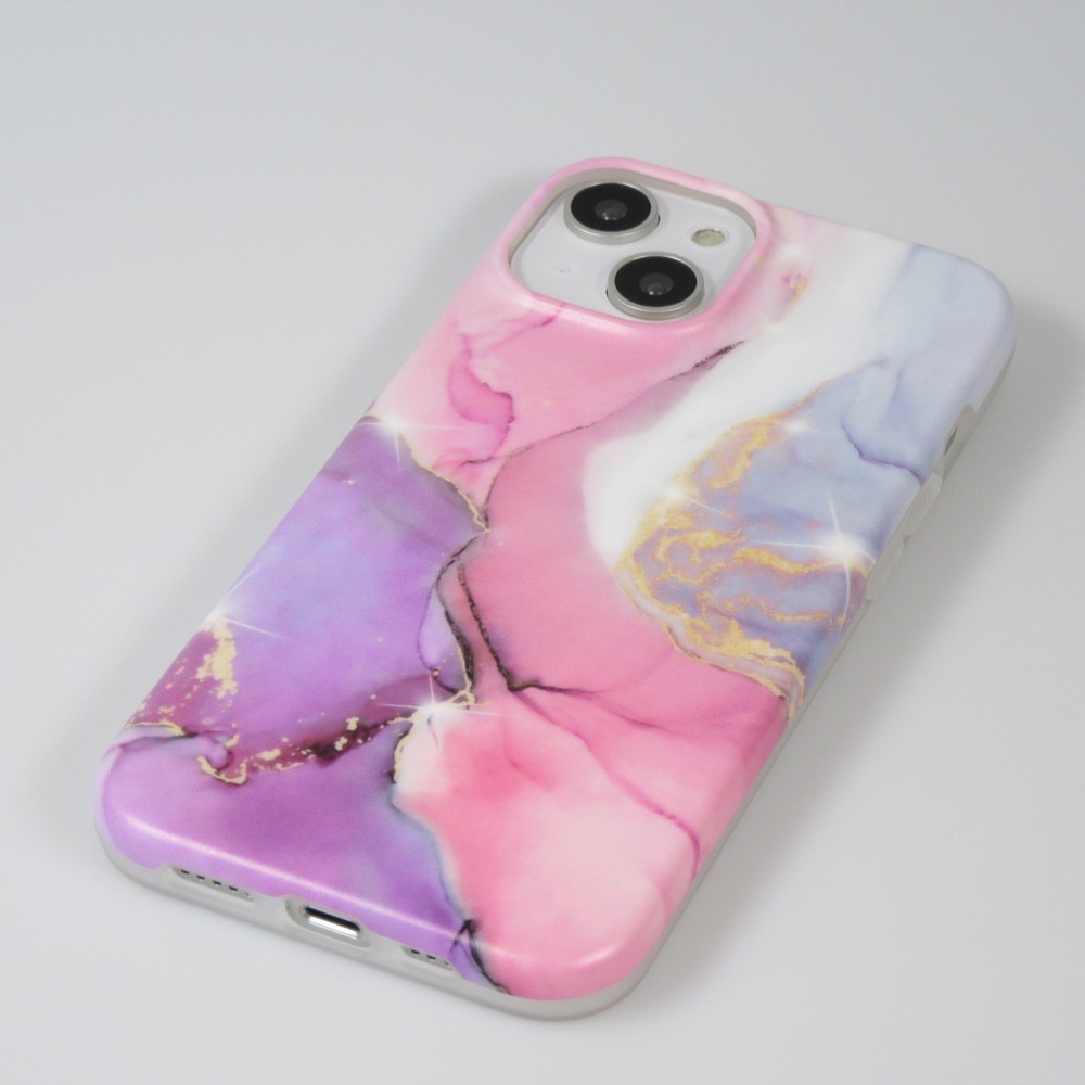 iPhone 14 Case Hülle - Mattes Silikon mit aufgedrucktem Marmoreffekt - Rosa lila