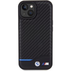 Coque iPhone 15 Plus - BMW M effet carbone et cuir avec logo métallique en relief - Noir