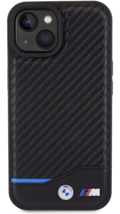 iPhone 15 Case Hülle - BMW M Karbon-Effekt und Leder mit geprägtem Metall-Logo - Schwarz