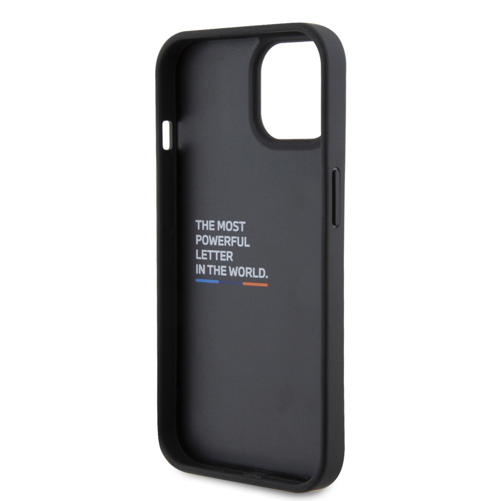 Coque iPhone 15 Plus - BMW M effet carbone et cuir avec logo métallique en relief - Noir