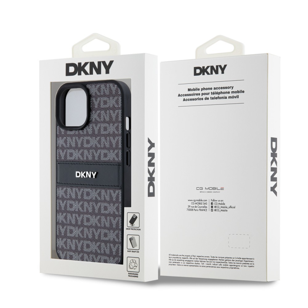 iPhone 15 Case Hülle - DKNY Silikon Kunstleder Monogramm Metall-Logo - Schwarz