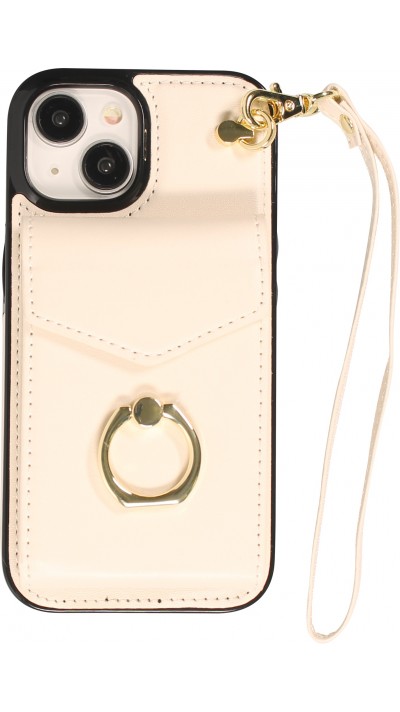 iPhone 15 Case Hülle - DeLuxe elegantes Lederlook Cover mit Wallet + Tragering - Weiss