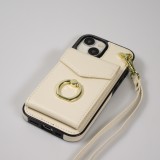 iPhone 15 Plus Case Hülle - DeLuxe elegantes Lederlook Cover mit Wallet + Tragering - Weiss