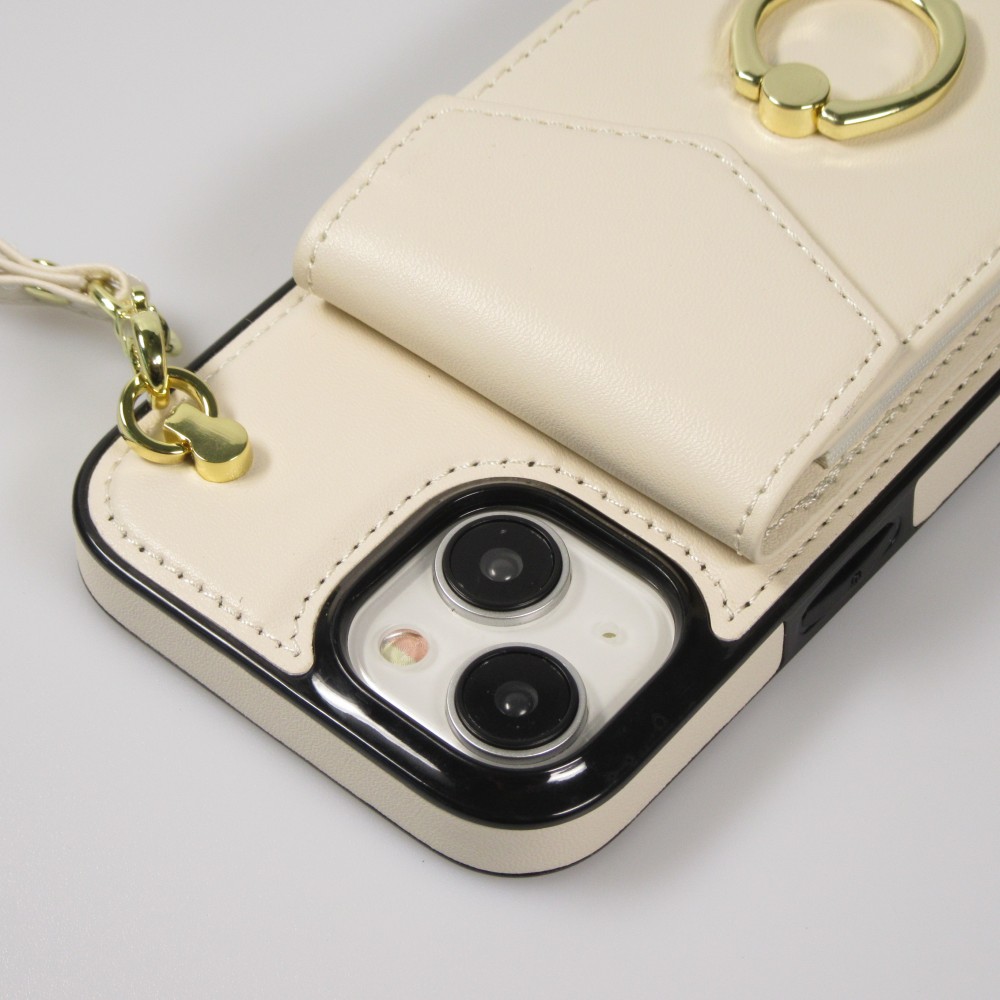 iPhone 15 Plus Case Hülle - DeLuxe elegantes Lederlook Cover mit Wallet + Tragering - Weiss