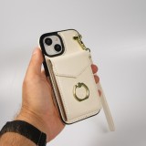 iPhone 15 Plus Case Hülle - DeLuxe elegantes Lederlook Cover mit Wallet + Tragering - Weiss