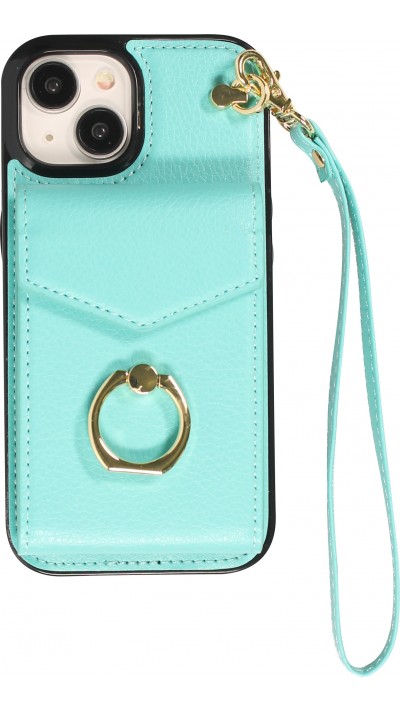 iPhone 15 Plus Case Hülle - DeLuxe elegantes Lederlook Cover mit Wallet + Tragering - Türkis