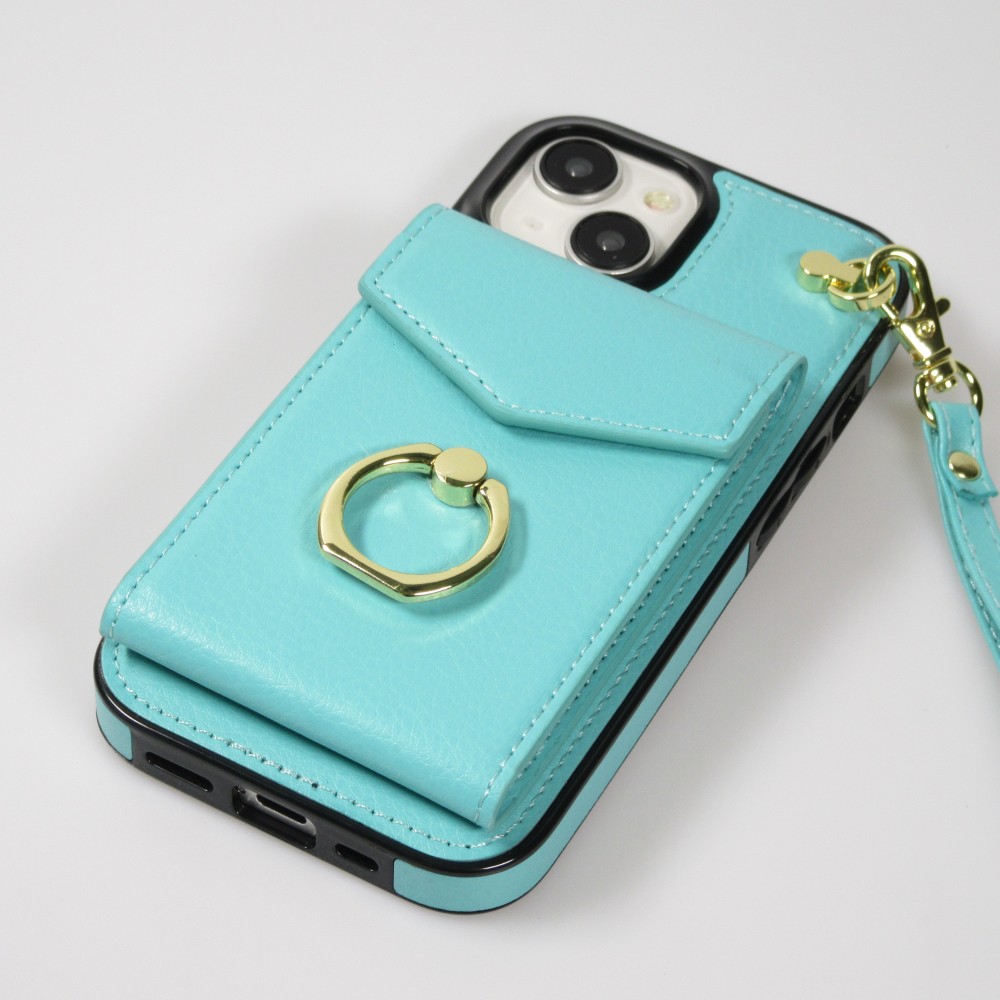 iPhone 15 Plus Case Hülle - DeLuxe elegantes Lederlook Cover mit Wallet + Tragering - Türkis