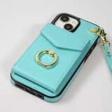 iPhone 15 Plus Case Hülle - DeLuxe elegantes Lederlook Cover mit Wallet + Tragering - Türkis