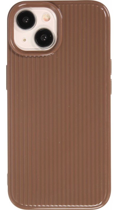iPhone 15 Case H&uuml;lle - Gl&auml;nzendes Silikongel mit strukturierten Linien - Braun