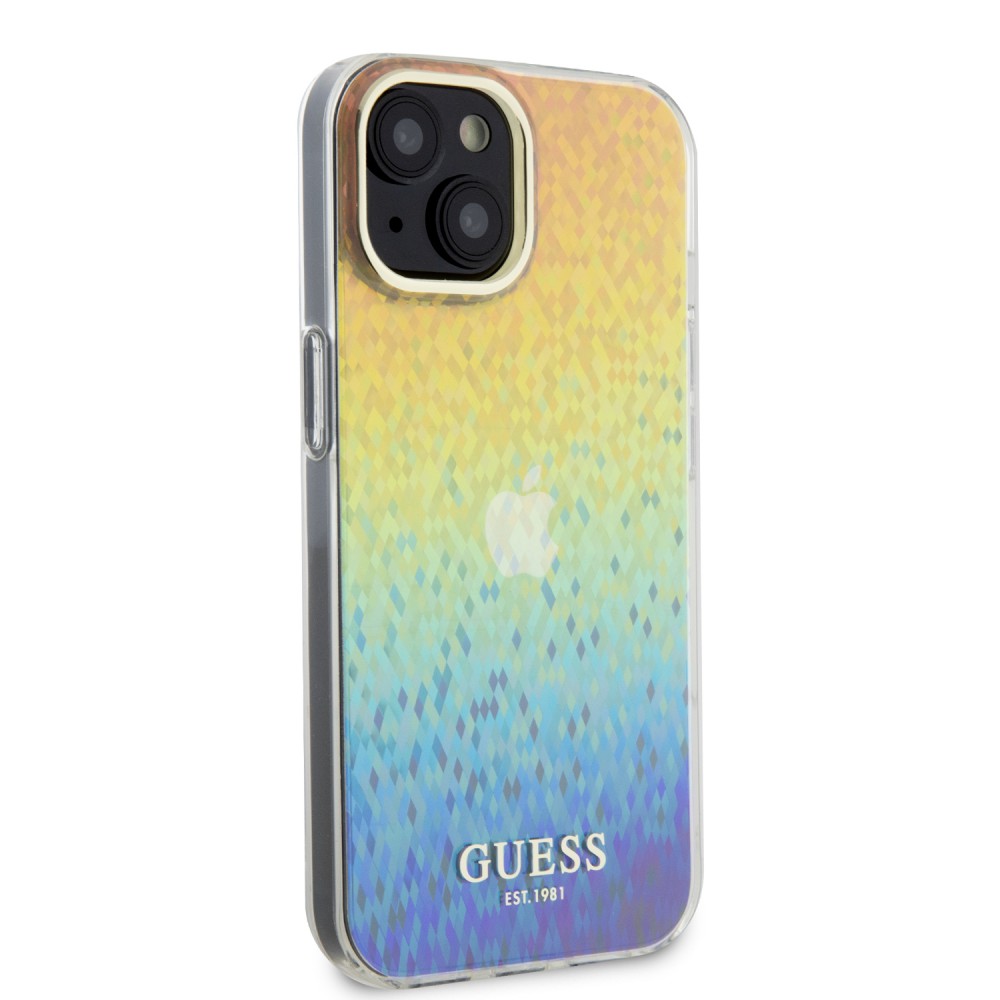 iPhone 15 Case Hülle - Guess schillernder Spiegel-Multifacetten-Farbverlauf im Disco-Stil mit goldenem Logo - Multicolor