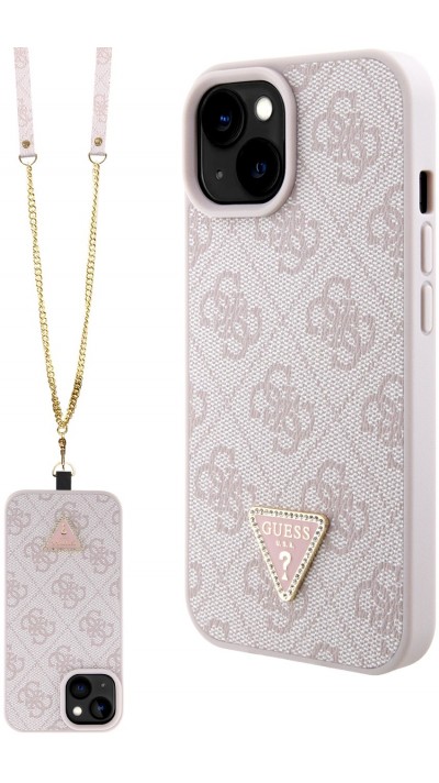 iPhone 15 Case Hülle - Guess Monogramm Kunstleder Metall-Logo und Strass mit abnehmbarem Riemen - Hellrosa