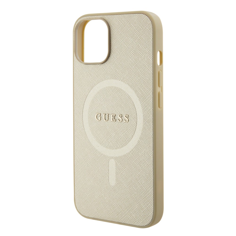 iPhone 15 Case Hülle - Guess Kunstleder Saffiano Gold Metall-Logo und MagSafe - Gold