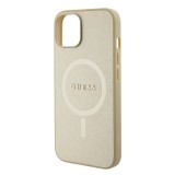 iPhone 15 Case Hülle - Guess Kunstleder Saffiano Gold Metall-Logo und MagSafe - Gold