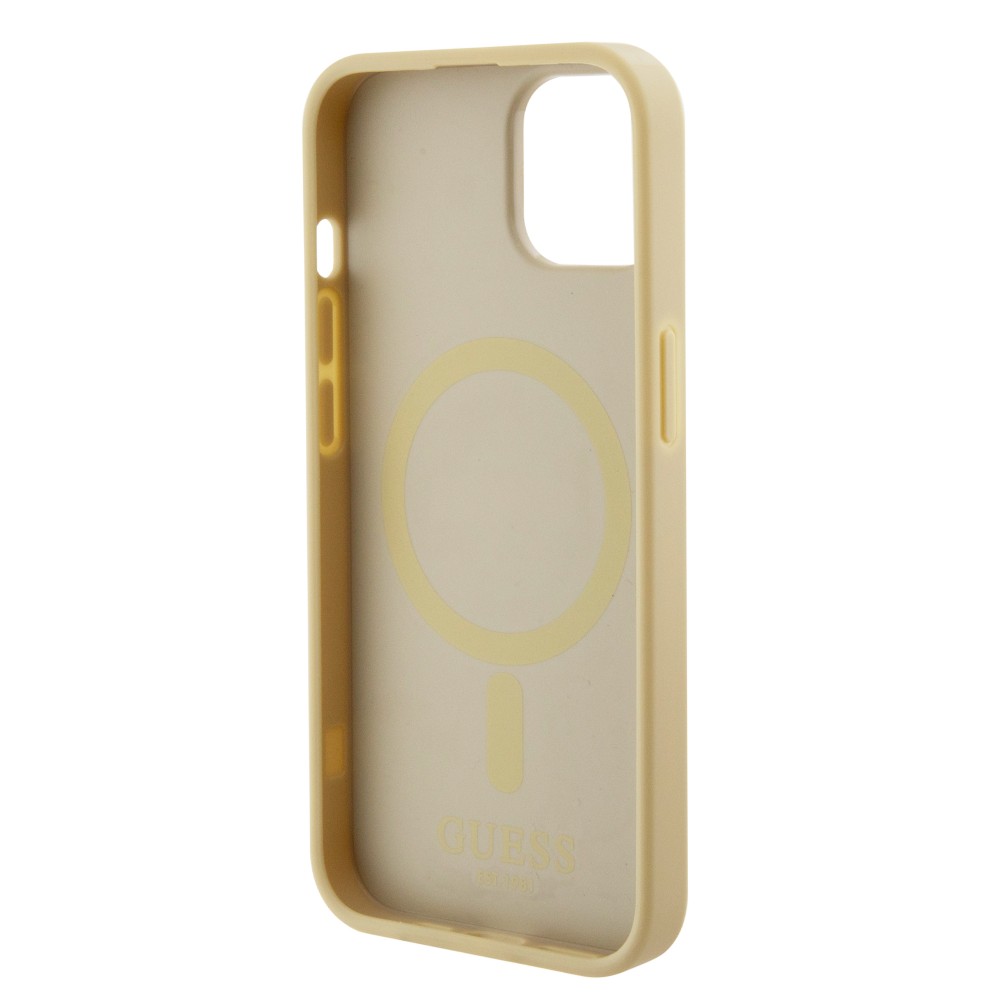 iPhone 15 Case Hülle - Guess Kunstleder Saffiano Gold Metall-Logo und MagSafe - Gold