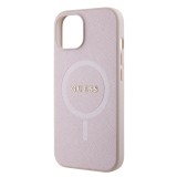 iPhone 15 Case Hülle - Guess Kunstleder Saffiano Gold Metall-Logo und MagSafe - Rosa