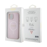iPhone 15 Case Hülle - Guess Kunstleder Saffiano Gold Metall-Logo und MagSafe - Rosa