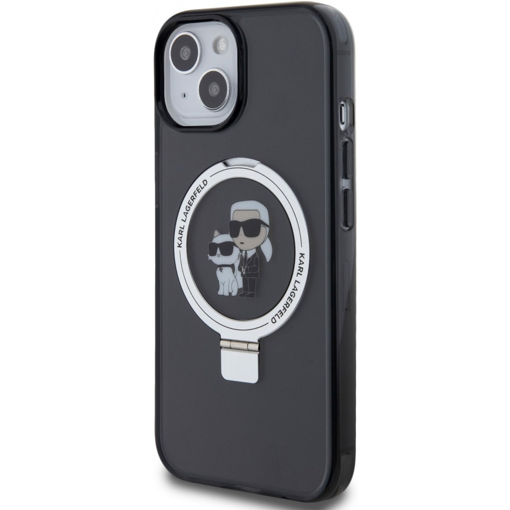 iPhone 15 Case Hülle - Karl Lagerfeld und Choupette Gel lackiert mit integriertem, abnehmbarem Metallstützring und Magsafe - Grau