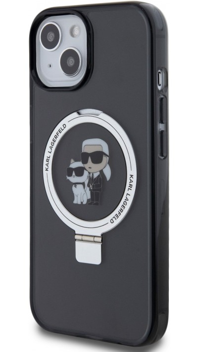 iPhone 15 Case Hülle - Karl Lagerfeld und Choupette Gel lackiert mit integriertem, abnehmbarem Metallstützring und Magsafe - Grau