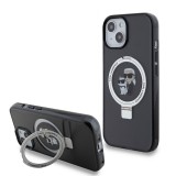 iPhone 15 Case Hülle - Karl Lagerfeld und Choupette Gel lackiert mit integriertem, abnehmbarem Metallstützring und Magsafe - Grau