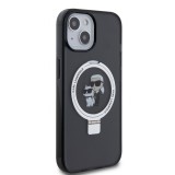 iPhone 15 Case Hülle - Karl Lagerfeld und Choupette Gel lackiert mit integriertem, abnehmbarem Metallstützring und Magsafe - Grau