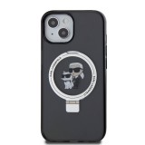 iPhone 15 Case Hülle - Karl Lagerfeld und Choupette Gel lackiert mit integriertem, abnehmbarem Metallstützring und Magsafe - Grau