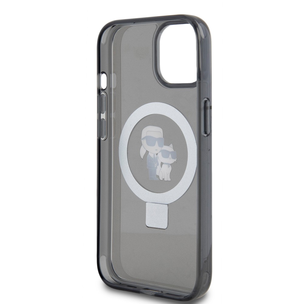 iPhone 15 Case Hülle - Karl Lagerfeld und Choupette Gel lackiert mit integriertem, abnehmbarem Metallstützring und Magsafe - Grau