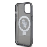 iPhone 15 Case Hülle - Karl Lagerfeld und Choupette Gel lackiert mit integriertem, abnehmbarem Metallstützring und Magsafe - Grau