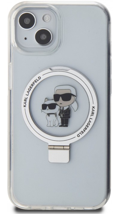 iPhone 15 Case Hülle - Karl Lagerfeld und Choupette Gel lackiert mit integriertem, abnehmbarem Metallstützring und Magsafe - Transparent