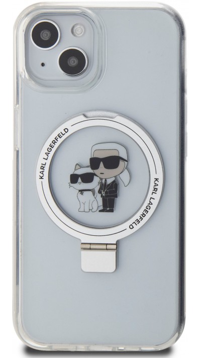 iPhone 14 Case Hülle - Karl Lagerfeld und Choupette Gel lackiert mit integriertem, abnehmbarem Metallstützring und Magsafe - Transparent