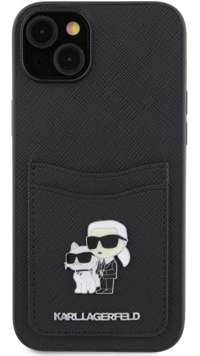 iPhone 15 Case Hülle - Karl Lagerfeld und Choupette Kunstleder Saffiano mit integrierten Kartenhaltern und geprägtem Metalllogo - Schwarz