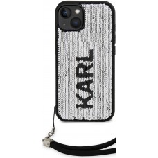 Coque iPhone 15 - Karl Lagerfeld paillettes glitters réversibles bicolore avec lanière poignet amovible - Noir / Argent