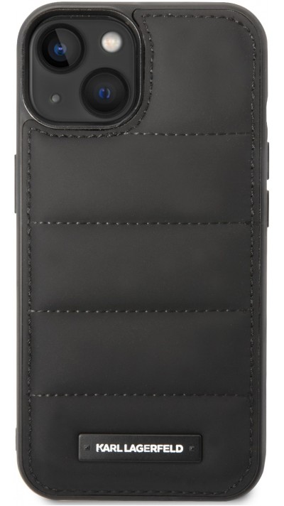 iPhone 15 Pro Max Case Hülle - Karl Stil gesteppter Puffy Soft-Touch-Silikonkanten und Metall-Logo - Schwarz