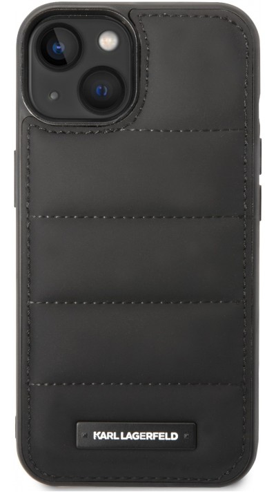 iPhone 15 Pro Case Hülle - Karl Stil gesteppter Puffy Soft-Touch-Silikonkanten und Metall-Logo - Schwarz