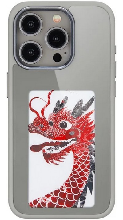 Coque iPhone 15 Pro Max - E-Ink Display DIY avec technologie NFC pour photo personnalisée - Gris