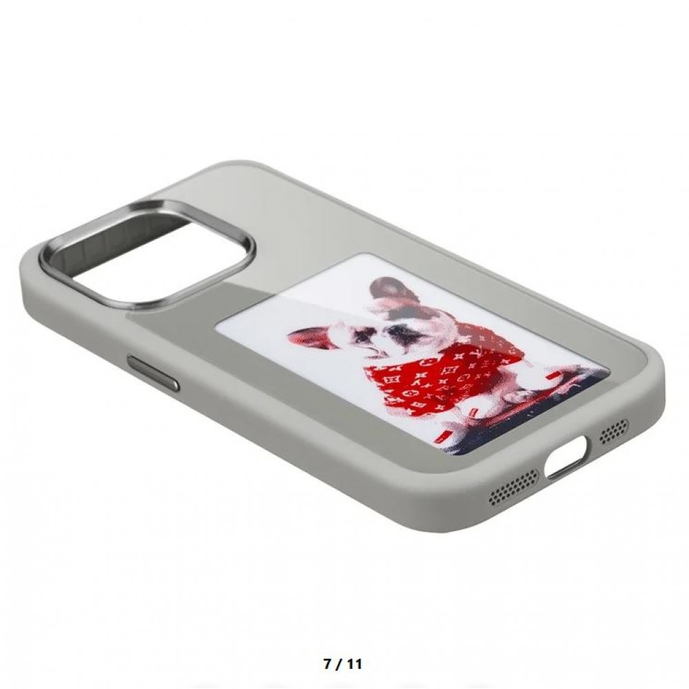 Coque iPhone 15 Pro - E-Ink Display DIY avec technologie NFC pour photo personnalis&eacute;e - Gris