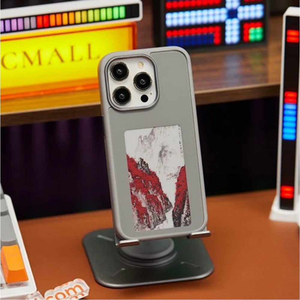 Coque iPhone 15 Pro - E-Ink Display DIY avec technologie NFC pour photo personnalis&eacute;e - Gris