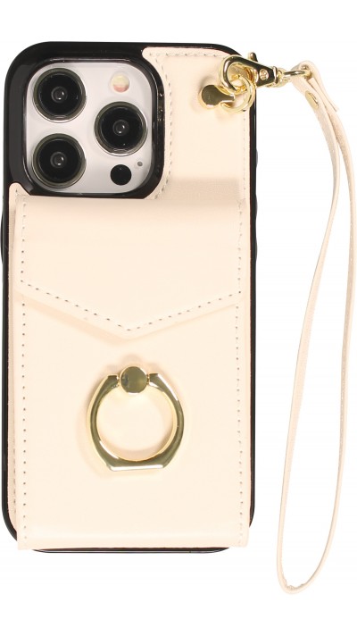 iPhone 15 Pro Max Case Hülle - DeLuxe elegantes Lederlook Cover mit Wallet + Tragering - Weiss