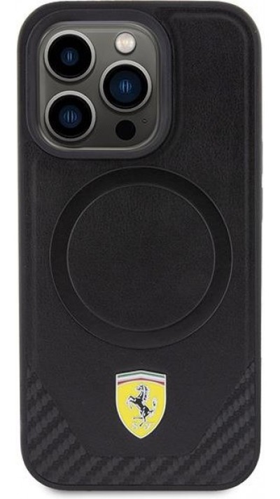iPhone 15 Pro Case Hülle - Ferrari MagSafe Leder mit Metall-Logo und Carbon-Imitation - Schwarz