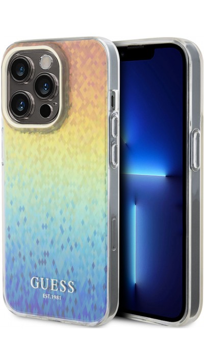 iPhone 15 Pro Case Hülle - Guess schillernder Spiegel-Multifacetten-Farbverlauf im Disco-Stil mit goldenem Logo - Multicolor