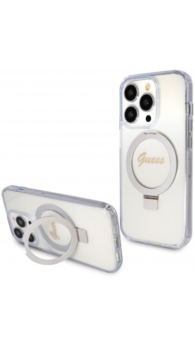 Coque iPhone 15 Pro Max - Guess gel rigide pailleté avec anneau support MagSafe amovible et logo doré - Transparent