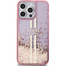 iPhone 15 Pro Case Hülle - Guess starres Gel flüssiger Glitter in Gold und Silber mit goldenem Logo - Rosa