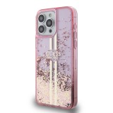 iPhone 15 Pro Case Hülle - Guess starres Gel flüssiger Glitter in Gold und Silber mit goldenem Logo - Rosa
