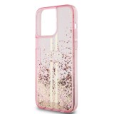 iPhone 15 Pro Case Hülle - Guess starres Gel flüssiger Glitter in Gold und Silber mit goldenem Logo - Rosa