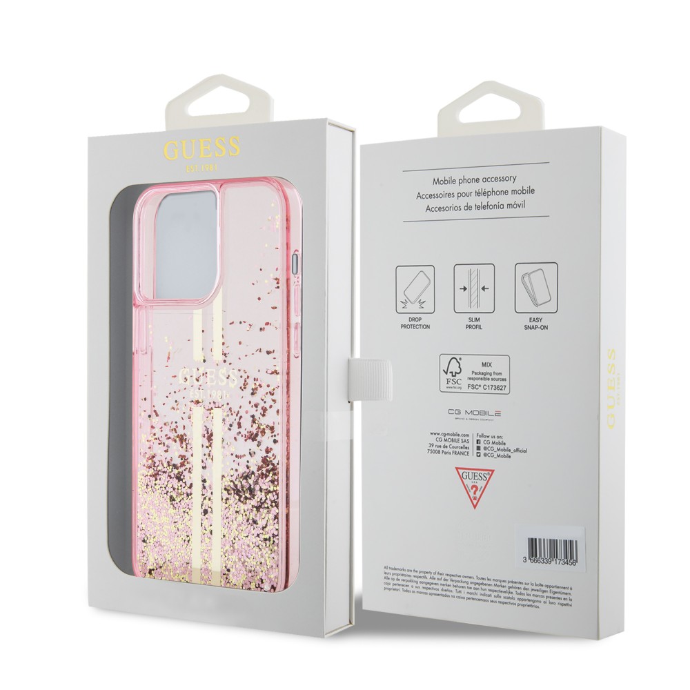 iPhone 15 Pro Case Hülle - Guess starres Gel flüssiger Glitter in Gold und Silber mit goldenem Logo - Rosa